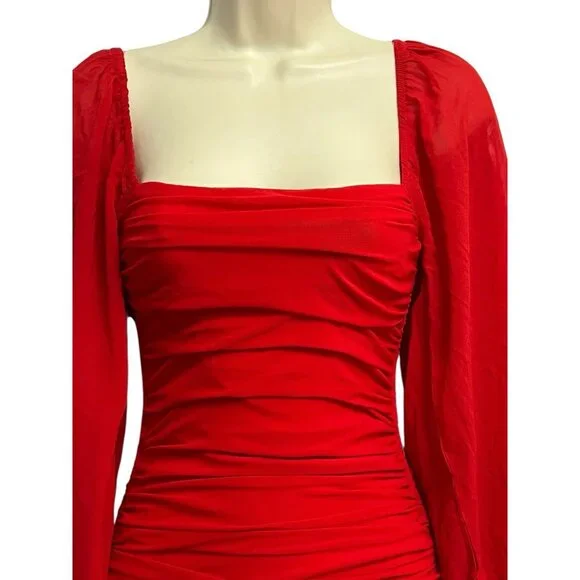Hello Molly Women's Mini Dress Size 2‎ Red Ruched Tie Balloon L/S Tangy Bellini - Picture 3 of 16